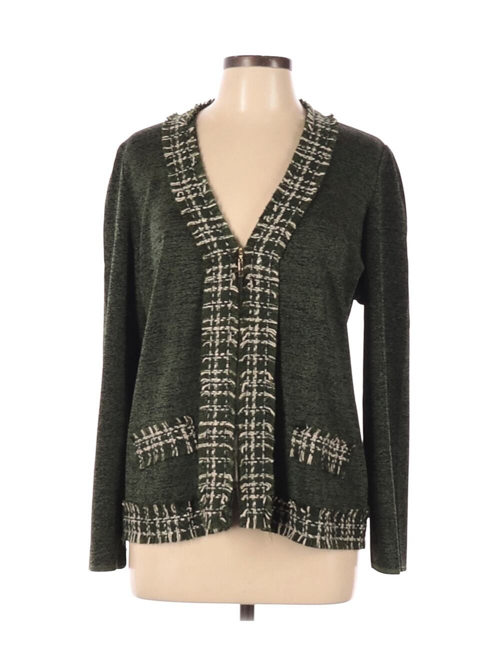 Exclusively Misook Large Green Fringe Tweed Boucle Zip Front Jacket Cardigan